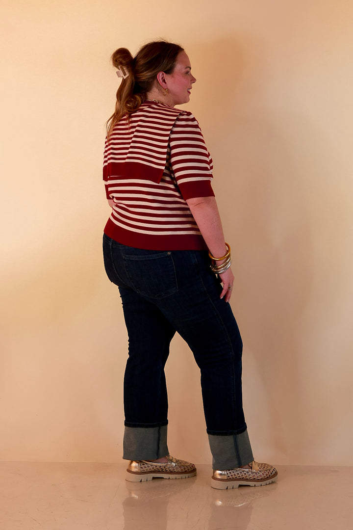 Leading Lady Faux Sweater Tie Detail Short Sleeve Striped Knit Top in Burgundy and Ivory