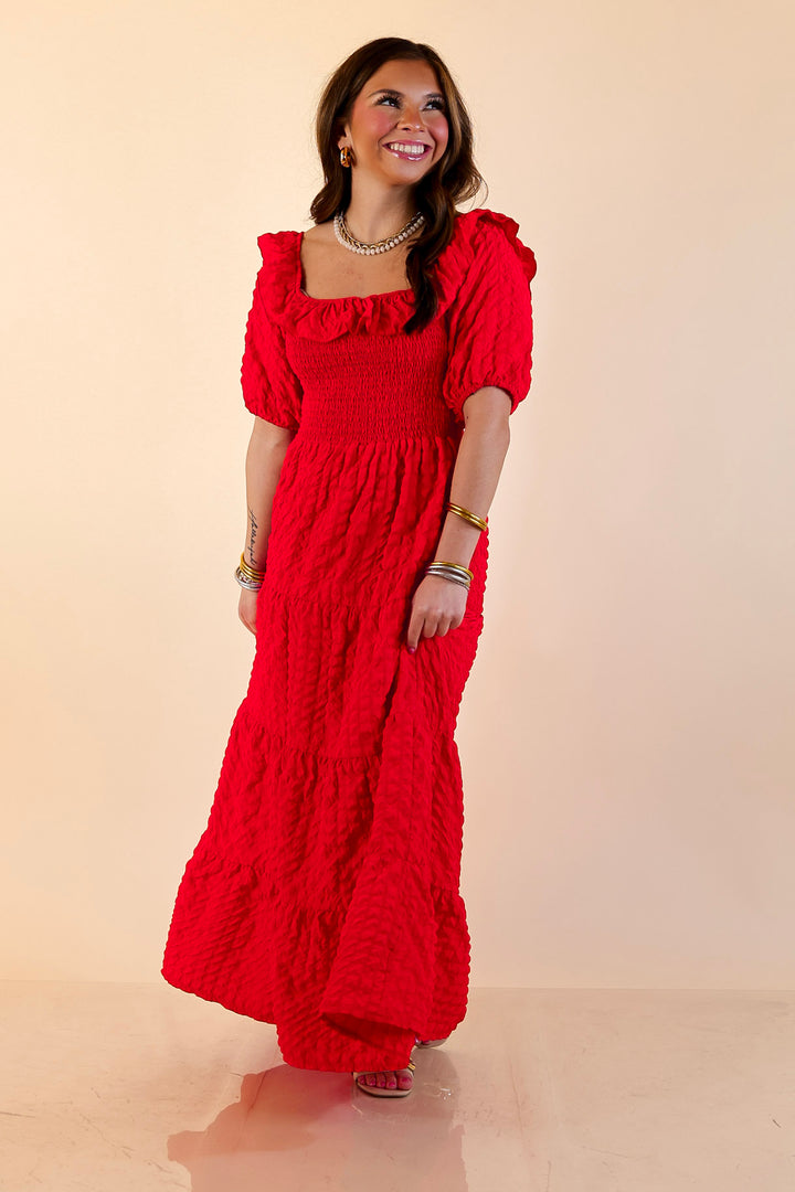 Simply Southern | Radiant Moment Textured Smocked Bodice Tiered Maxi Dress with Puff Sleeves in Red
