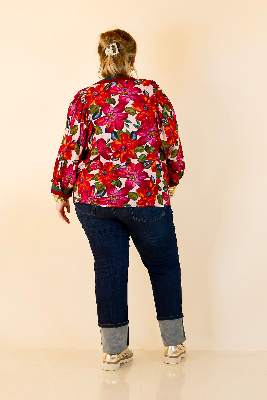 Color Me Confident Floral Print Button Front Contrast Trim Top in Ivory, Plum and Emerald Green