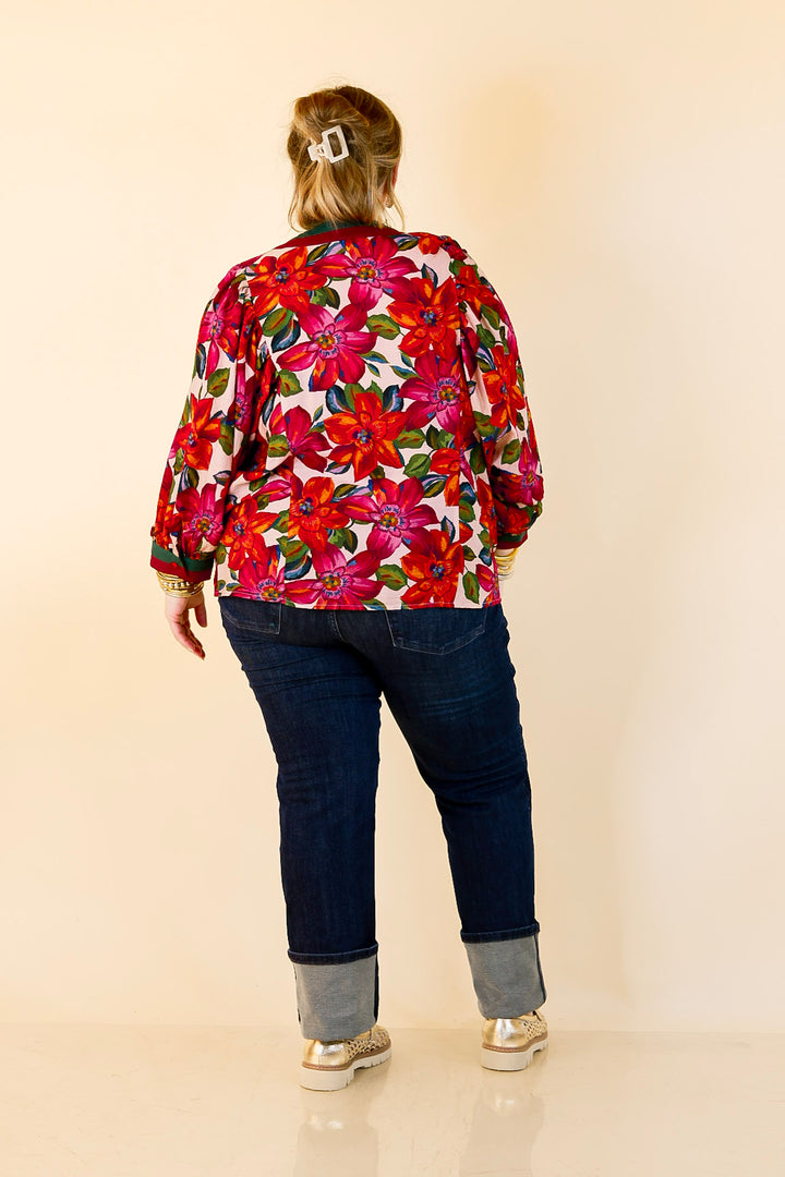 Color Me Confident Floral Print Button Front Contrast Trim Top in Ivory, Plum and Emerald Green