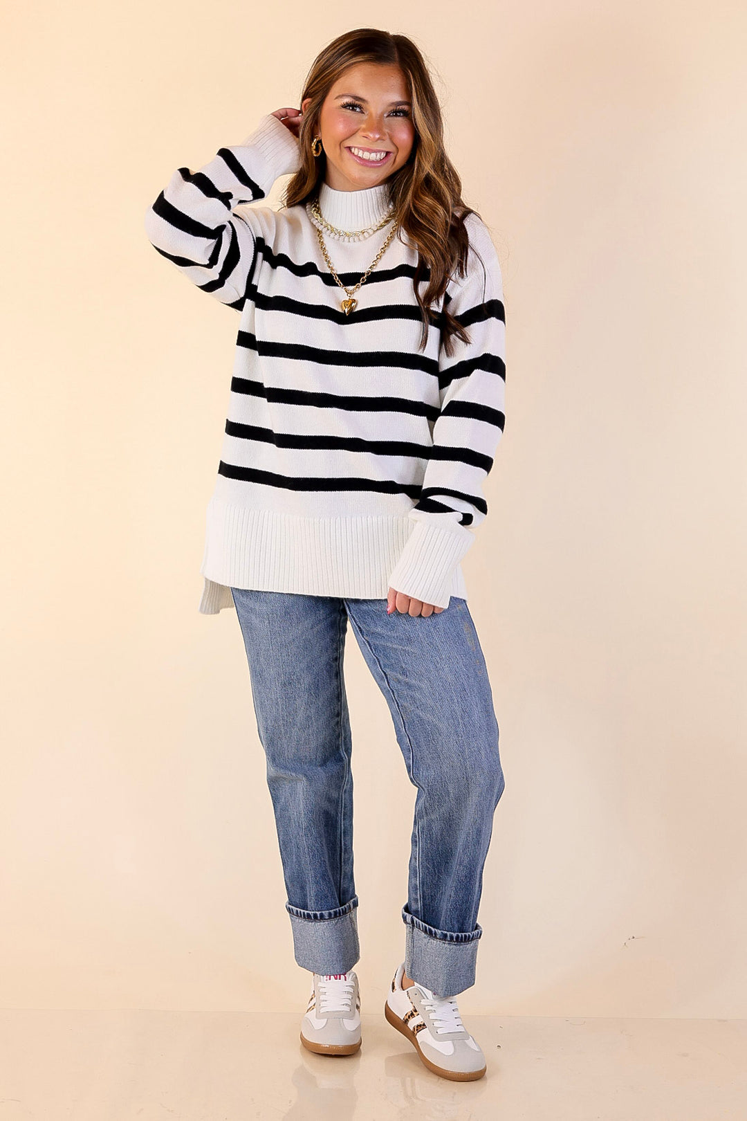 Chilly Day Charm Mock Neck Long Sleeve High-Low Striped Sweater in Ivory with Black Stripes