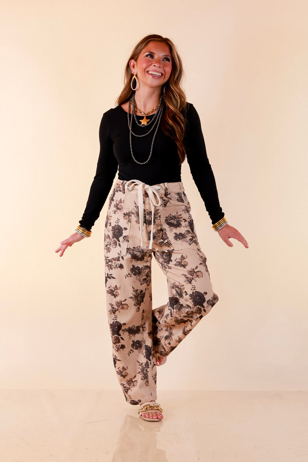 Just My Type Floral Print Wide Leg Barrel Jeans with Drawstring Waist in Beige