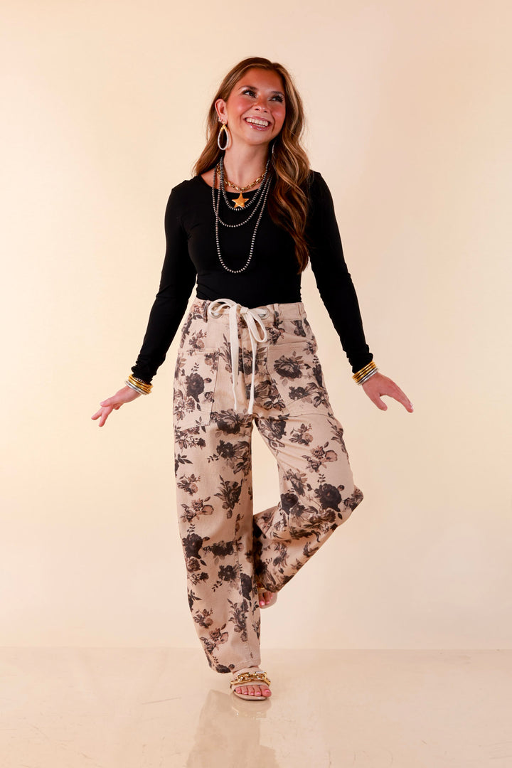 Just My Type Floral Print Wide Leg Barrel Jeans with Drawstring Waist in Beige