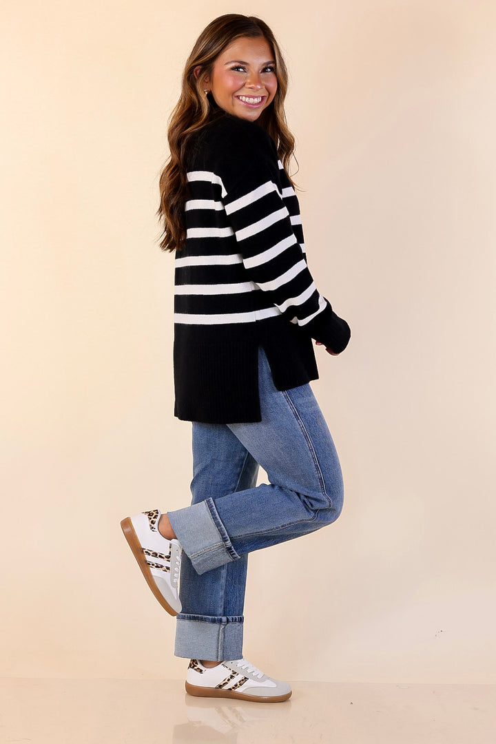 Chilly Day Charm Mock Neck Long Sleeve High-Low Striped Sweater in Black with Ivory Stripes