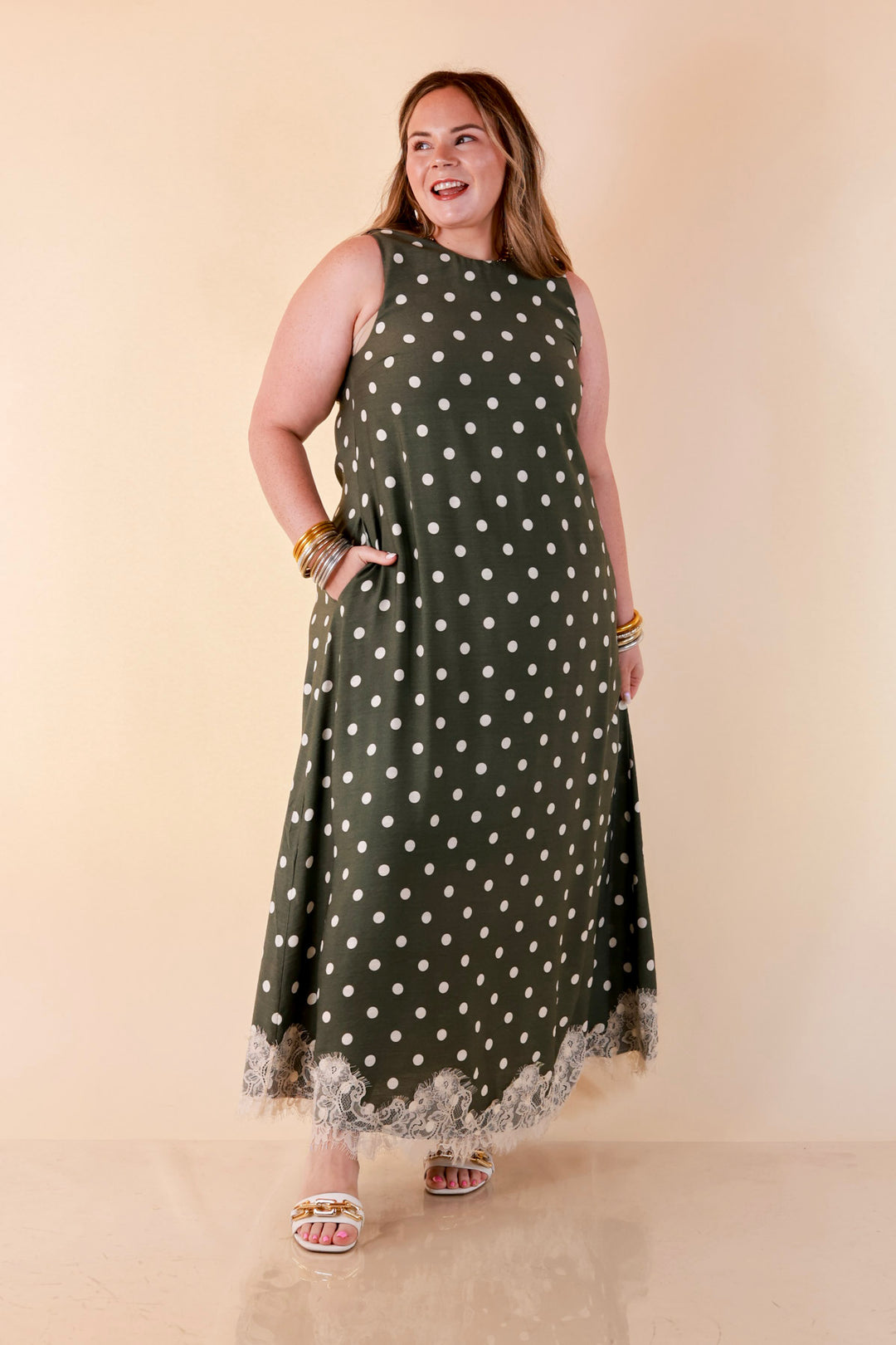 Sweet Little Something Polka Dot Sleeveless Maxi Dress with Lace Trim in Olive Green