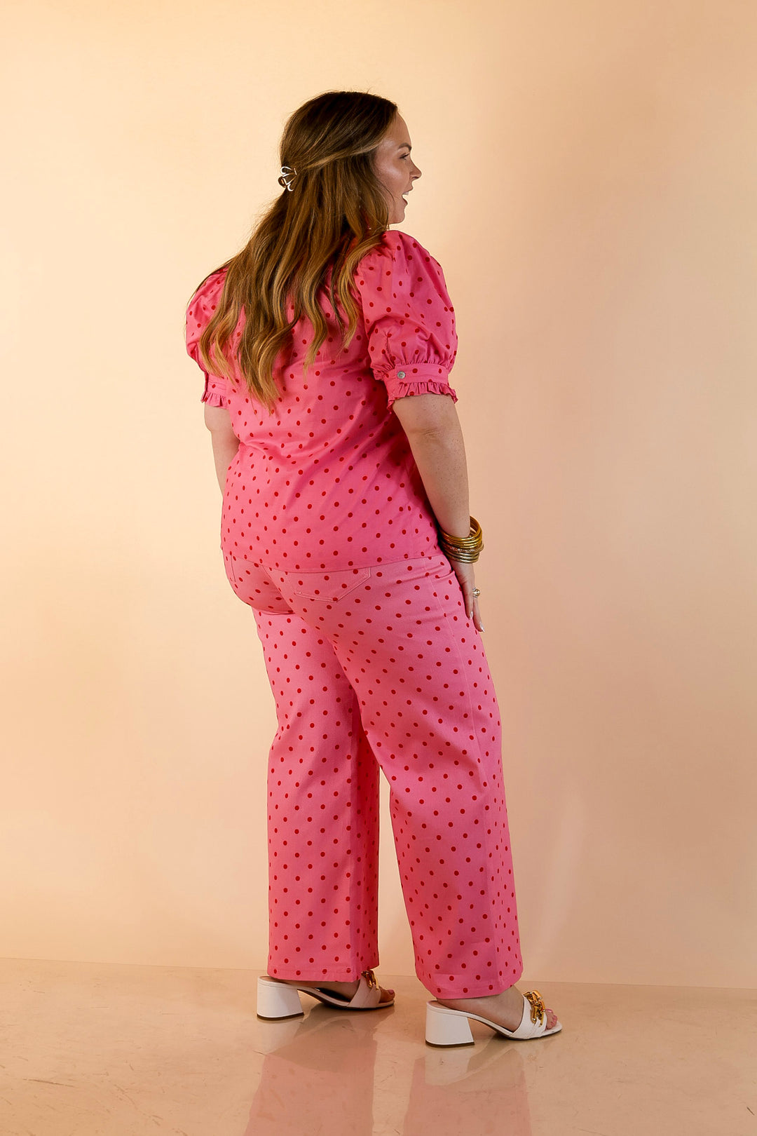 Poised and Polished Button Front Puff Sleeve Top with Polka Dot Print in Pink and Red