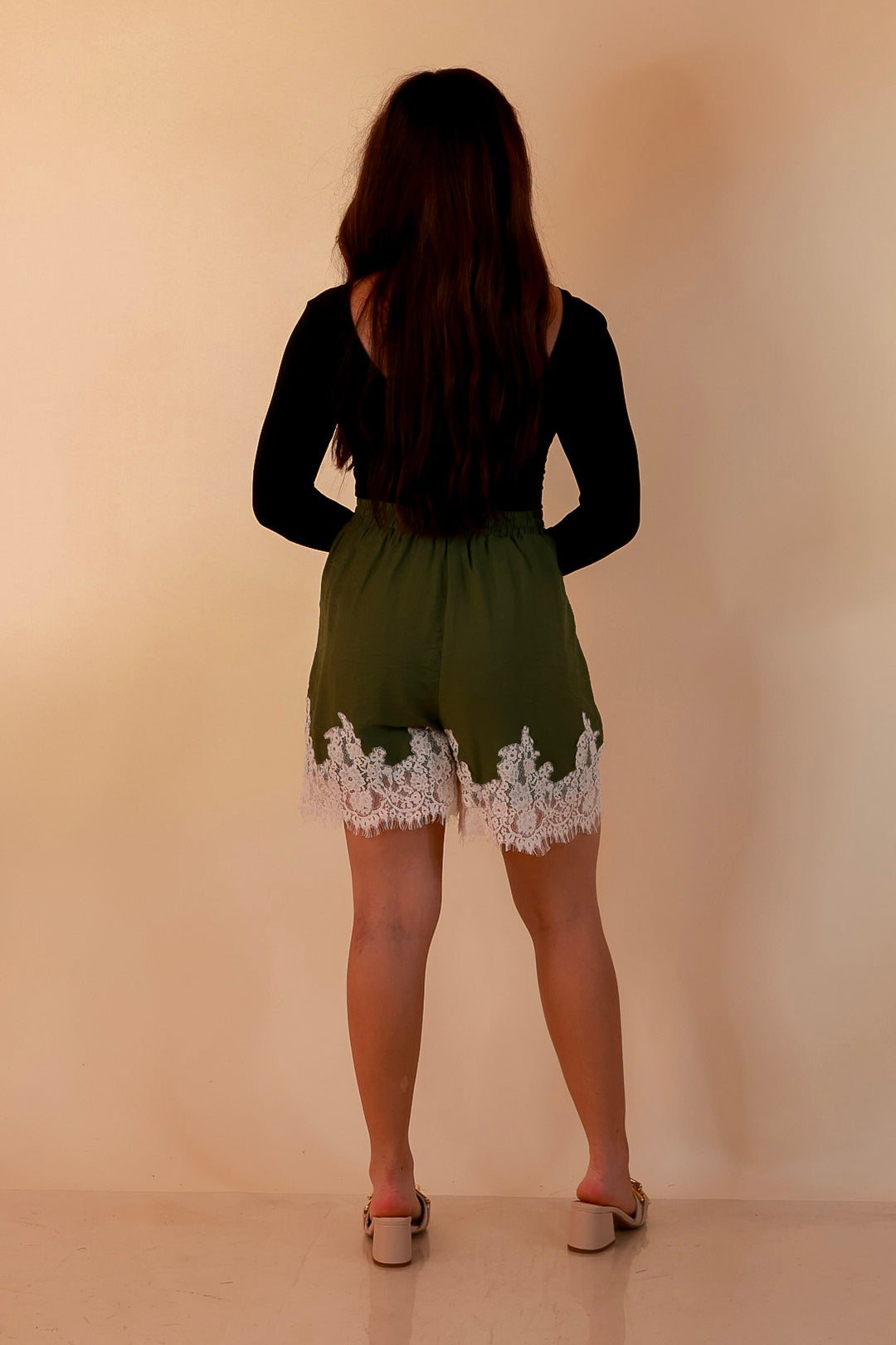 Pretty Little Something Solid Drawstring Shorts with Lace Trim in Olive Green