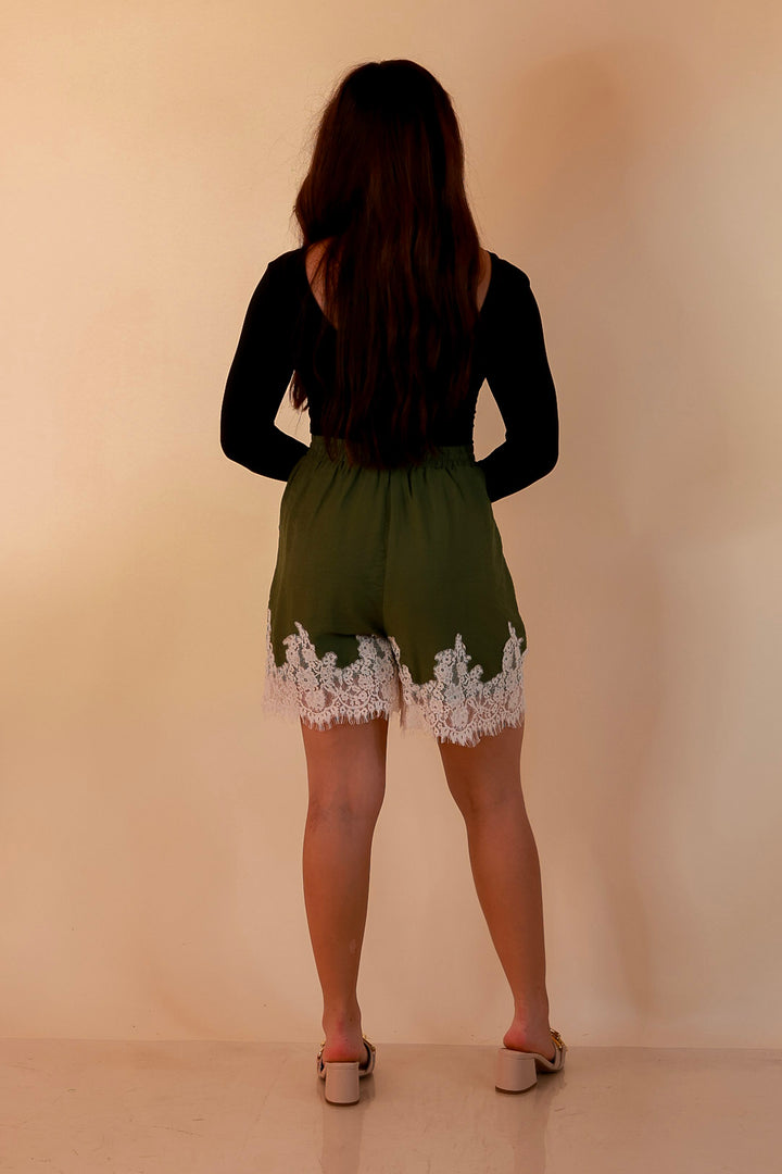 Pretty Little Something Solid Drawstring Shorts with Lace Trim in Olive Green