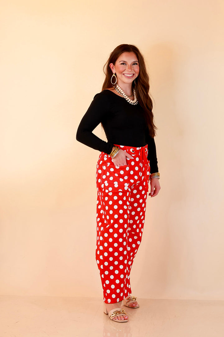 Just My Type Polka Dot Wide Leg Barrel Jeans with Drawstring Waist and Pockets in Red and White
