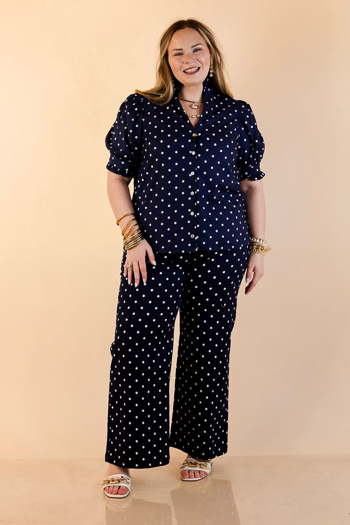 Poised and Polished Button Front Puff Sleeve Top with Polka Dot Print in Navy Blue and White