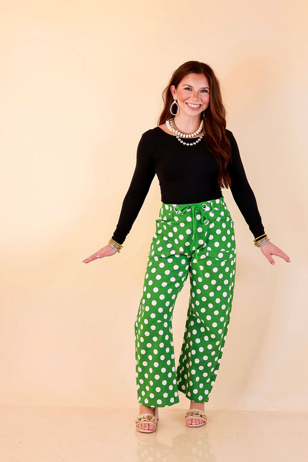 Just My Type Polka Dot Wide Leg Barrel Jeans with Drawstring Waist and Pockets in Green and White