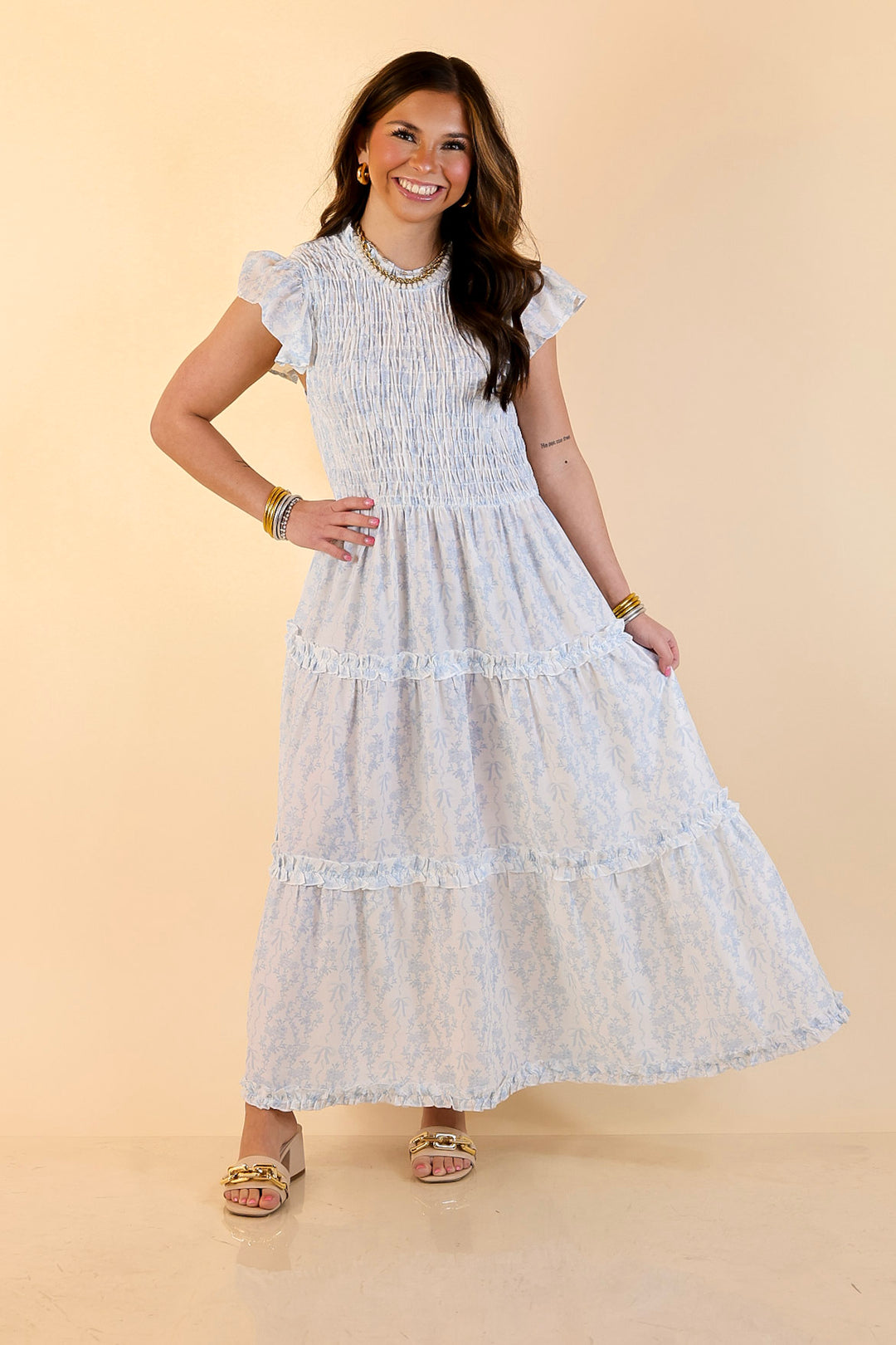 Mud Pie | Graceful Charm Smocked Toile Print Tiered Midi Dress with Ruffle Sleeves in Blue and White