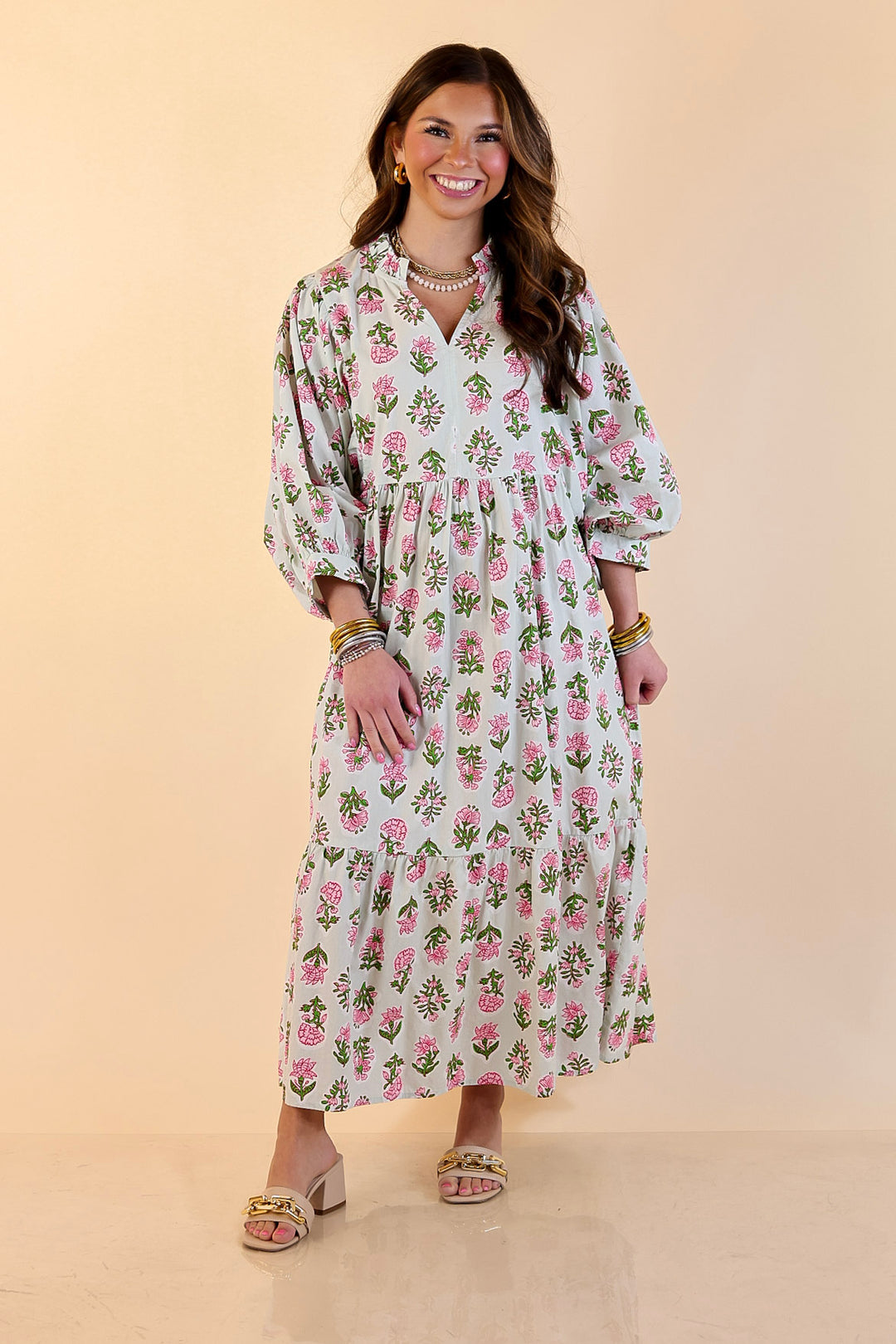 Mud Pie | Lovely Impression Cotton Poplin Floral Midi Dress with Ruffle Collar and Puff Sleeves in Sage Multi