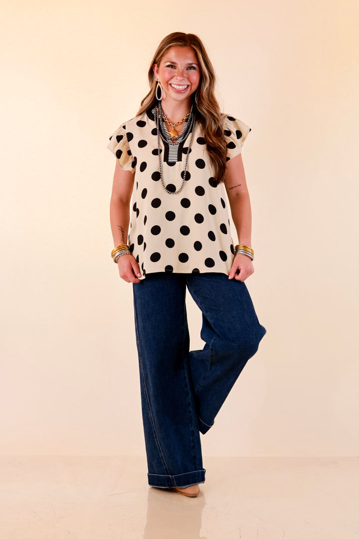 In Good Company Large Polka Dot Blouse with Ruffle Sleeves and Contrast Trim and Collar in Cream with Black Dots