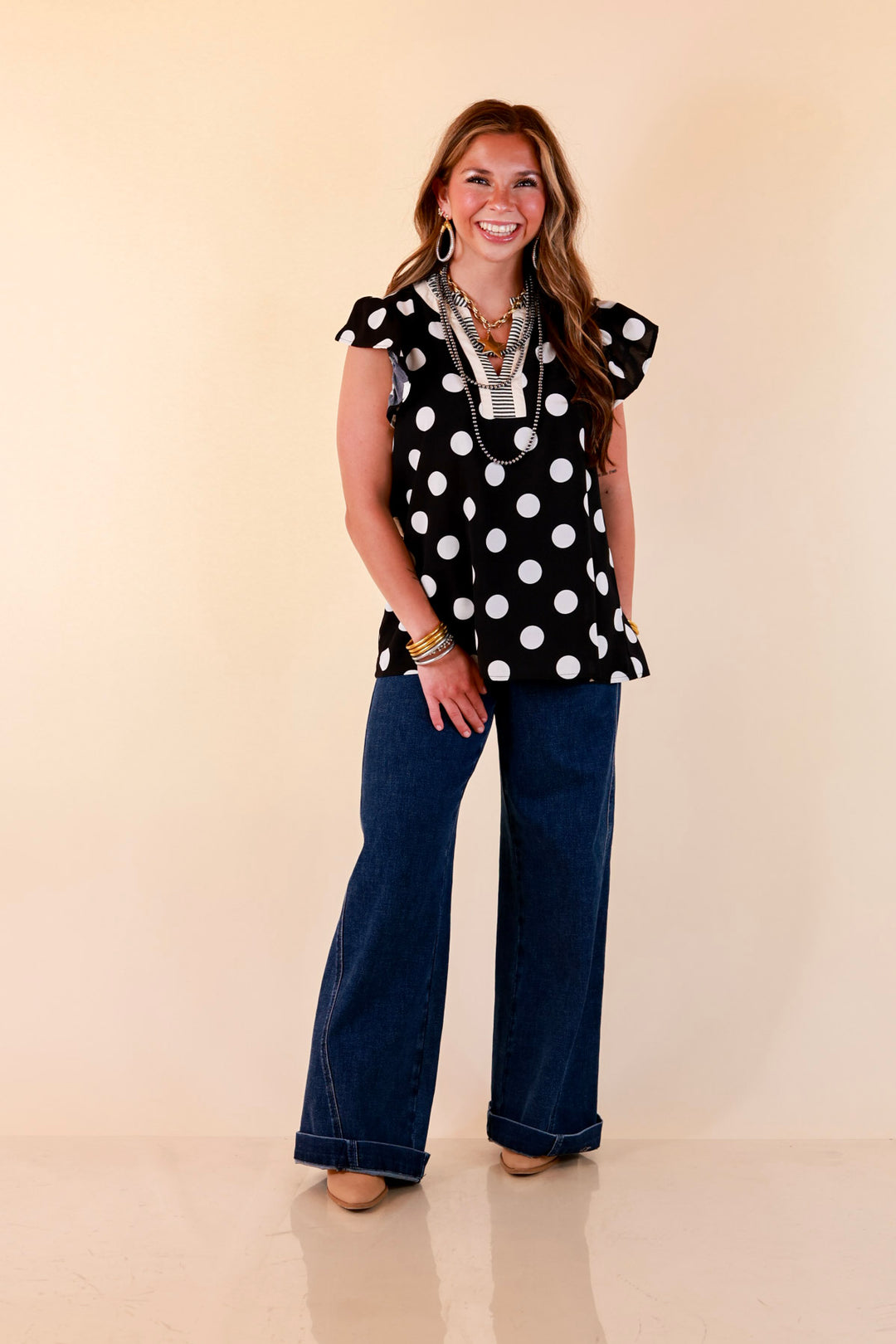 In Good Company Large Polka Dot Blouse with Ruffle Sleeves and Contrast Trim and Collar in Black with Cream Dots