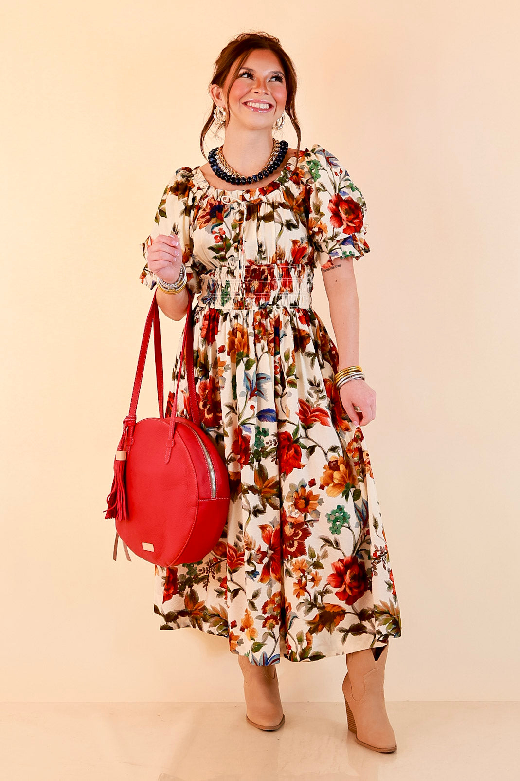 Autumn in the Air Puff Sleeve Smocked Waist Floral Print Tiered Midi Dress in Ivory Multi