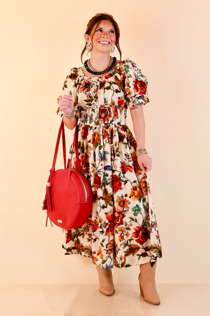 Autumn in the Air Puff Sleeve Smocked Waist Floral Print Tiered Midi Dress in Ivory Multi