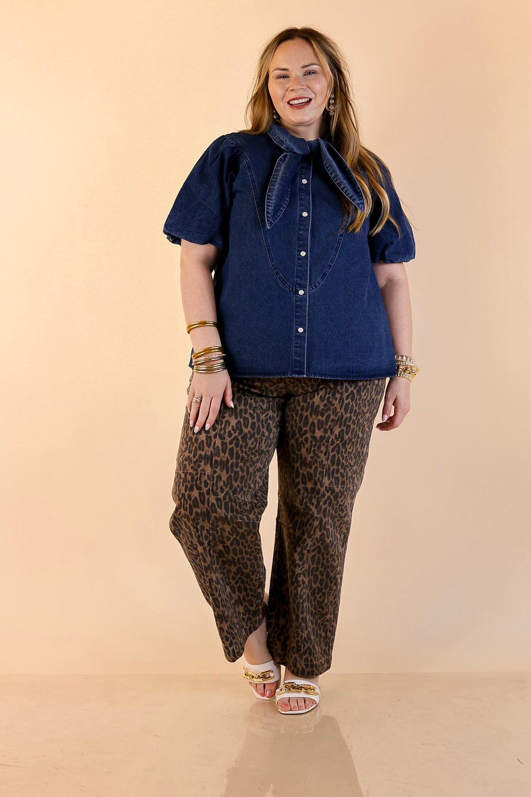 Tie the Moment Denim Pearl Snap Button Front Top with Statement Tie Neckline and Puff Sleeves in Medium Wash