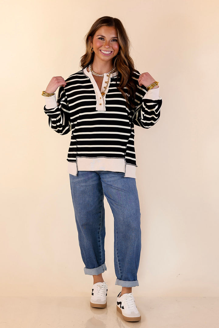 Casual Edge Long Sleeve Striped Henley Knit Top with Dropped Shoulders in Black with Ivory Stripes