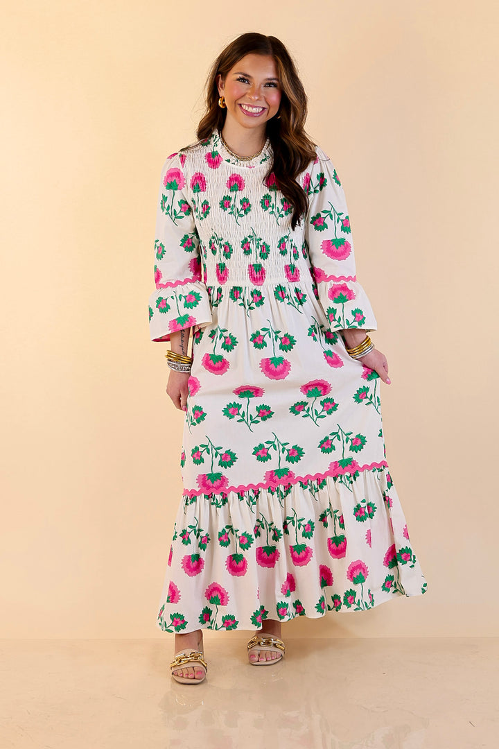 Mud Pie | Petal Parade Smocked Floral Print Tiered Midi Dress with Scallop Trim in Cream Multi