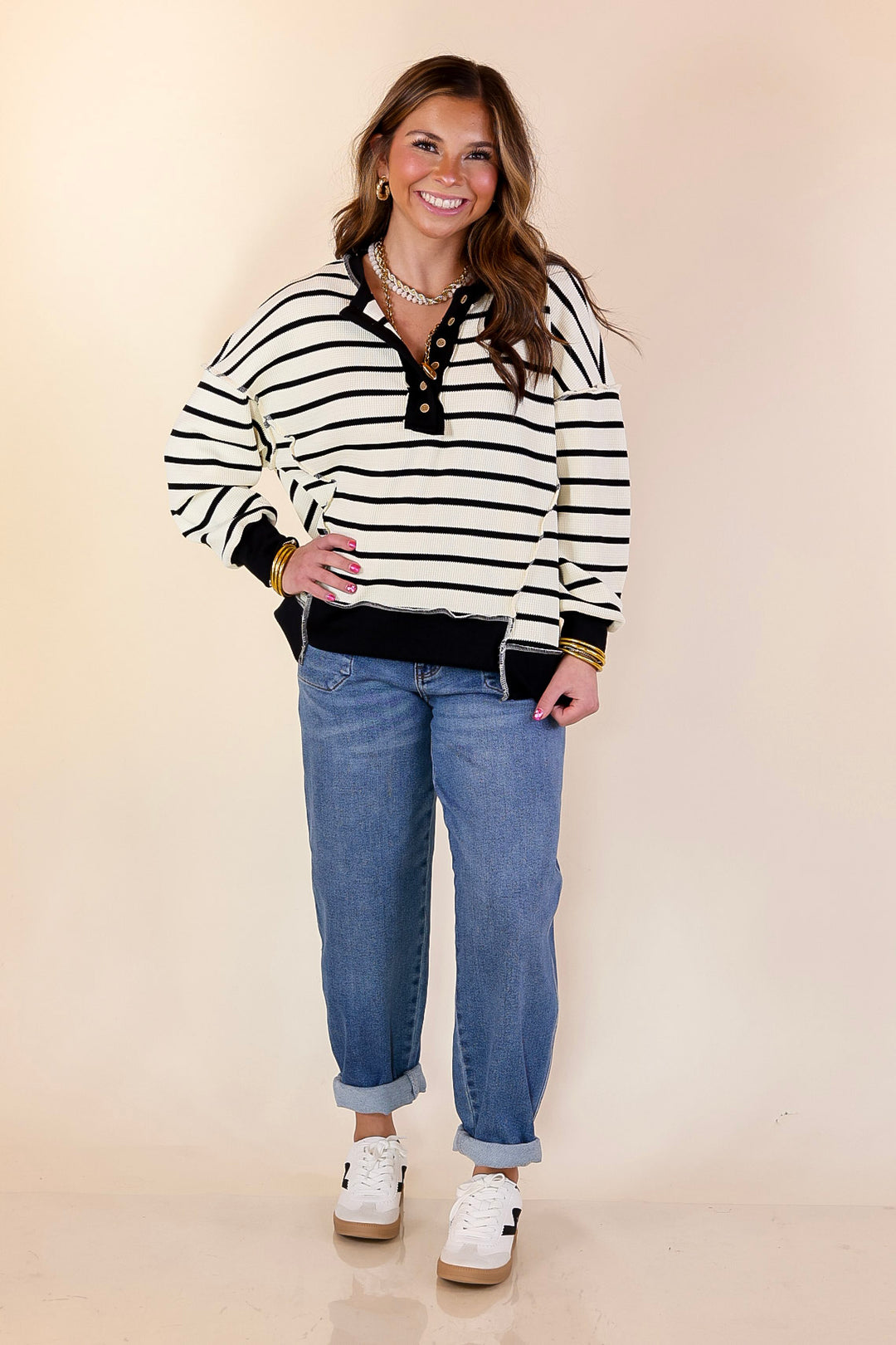 Casual Edge Long Sleeve Striped Henley Knit Top with Dropped Shoulders in Ivory with Black Stripes
