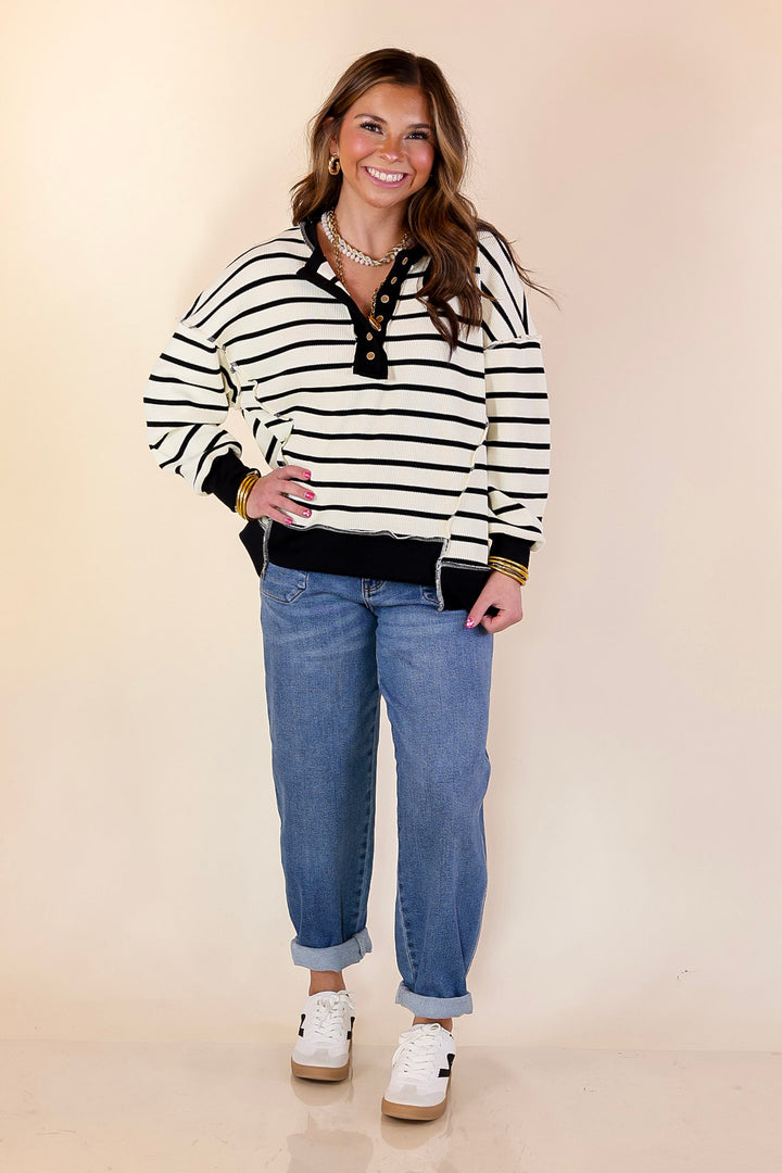 Casual Edge Long Sleeve Striped Henley Knit Top with Dropped Shoulders in Ivory with Black Stripes