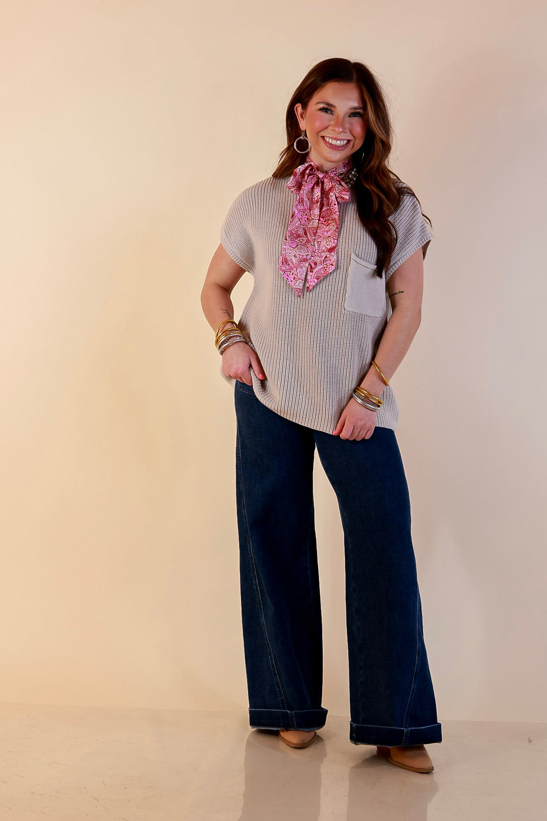 Repeat Ready Cap Sleeve Sweater with Front Pocket in Stone Beige