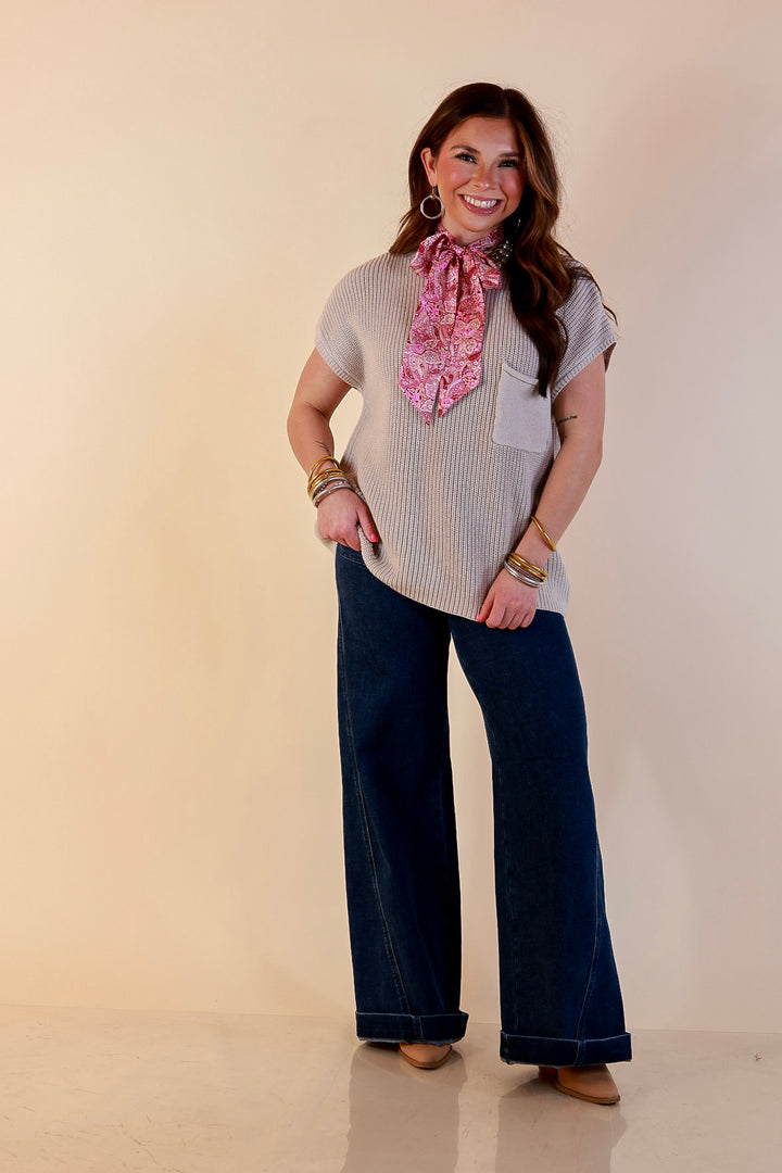 Repeat Ready Cap Sleeve Sweater with Front Pocket in Stone Beige