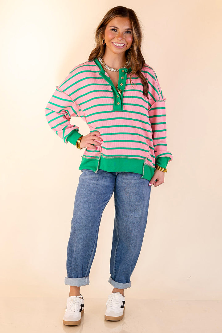 Casual Edge Long Sleeve Striped Henley Knit Top with Dropped Shoulders in Pink with Green Stripes