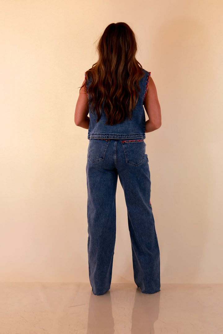 Artfully Yours Colorful Embroidered Denim Vest in Medium Wash
