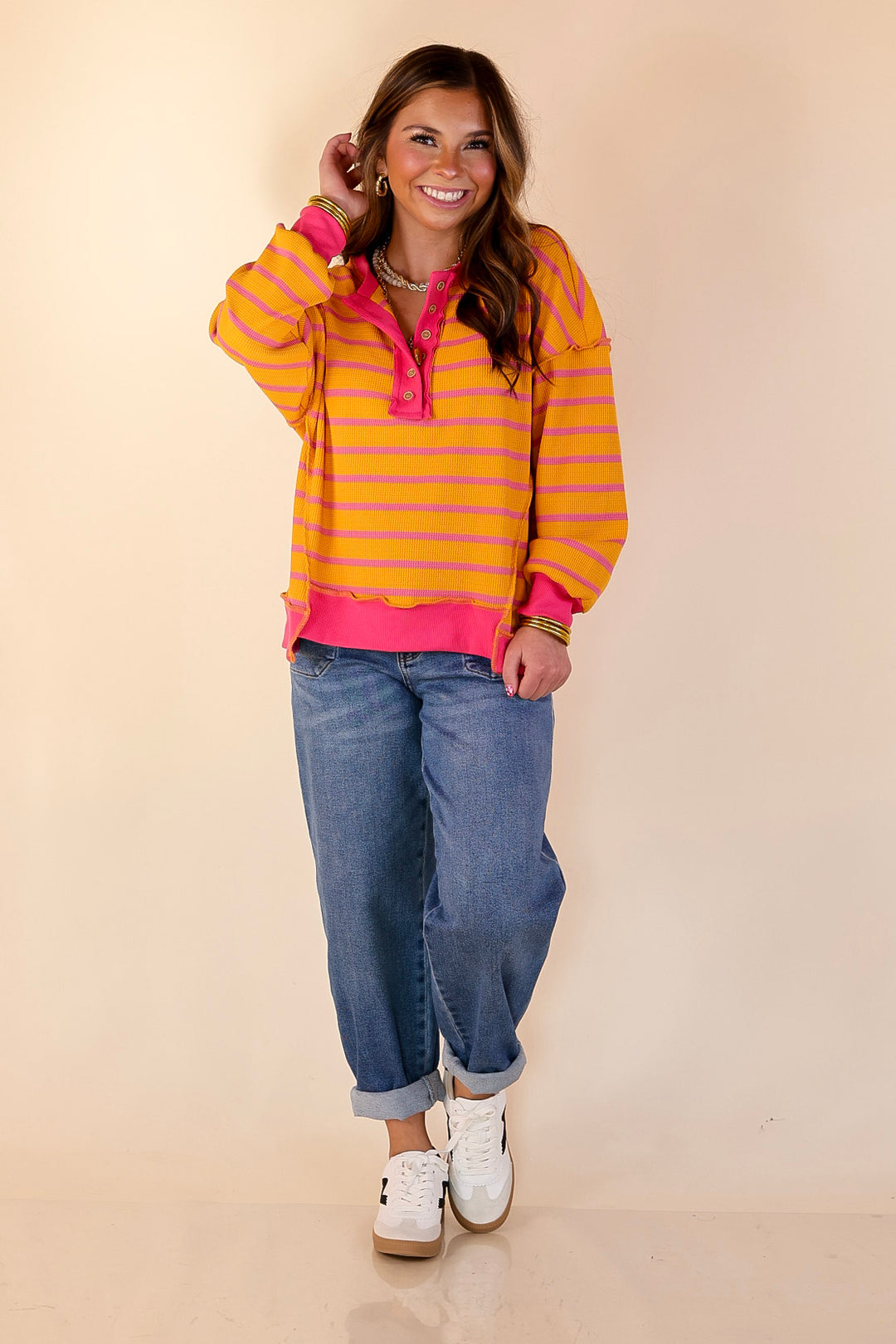 Casual Edge Long Sleeve Striped Henley Knit Top with Dropped Shoulders in Orange with Pink Stripes