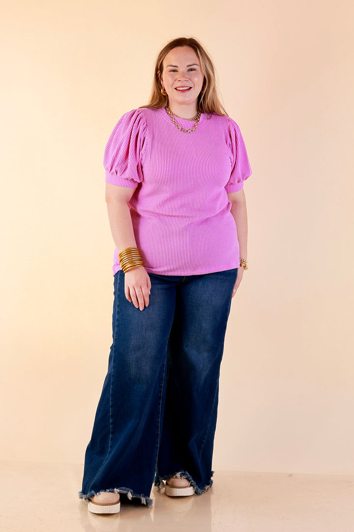 Sweet Sophistication Puff Short Sleeve Ribbed Top with Scoop Neck in Violet Purple