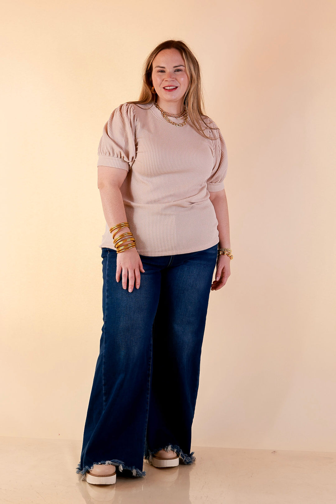 Sweet Sophistication Puff Short Sleeve Ribbed Top with Scoop Neck in Beige