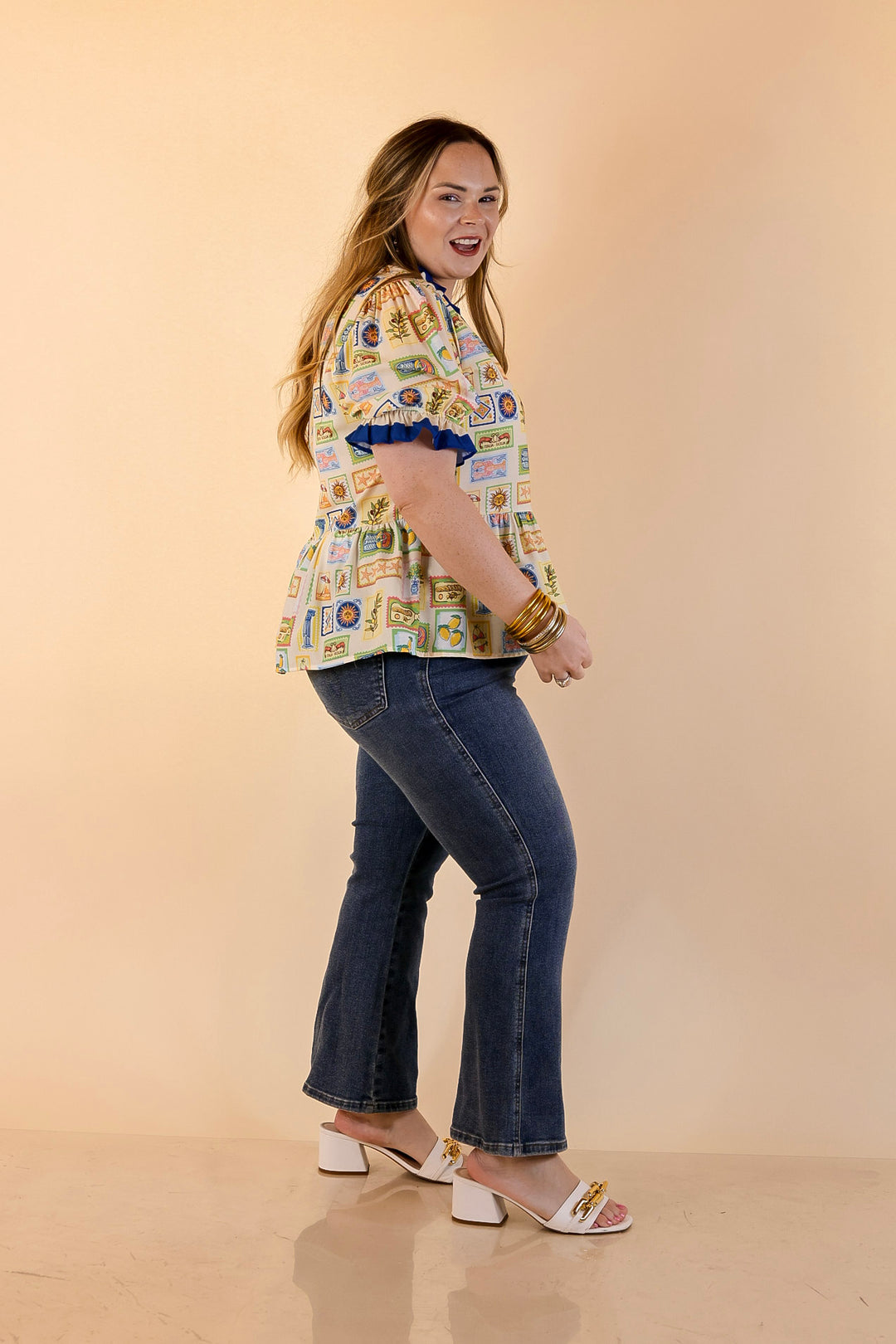 Simply Southern | Sunny Side Style Mediterranean Tile Print Peplum Top with Ruffle Trim in Cream Multi