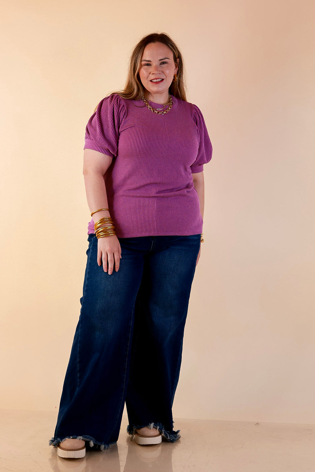 Sweet Sophistication Puff Short Sleeve Ribbed Top with Scoop Neck in Purple