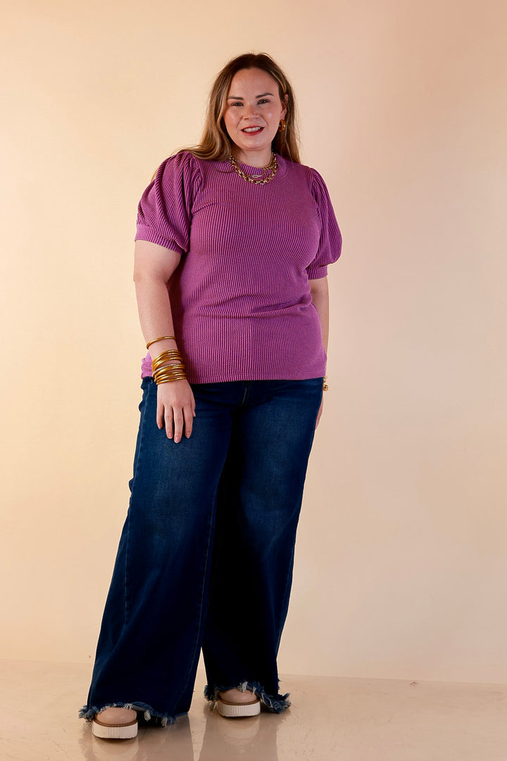 Sweet Sophistication Puff Short Sleeve Ribbed Top with Scoop Neck in Purple