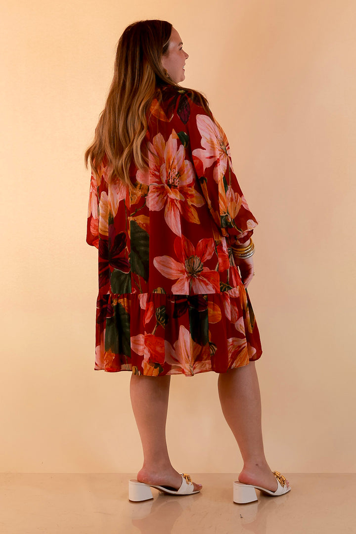 Autumn Romance Ruffle Neck Long Sleeve Floral Peplum Dress in Rust Red Multi
