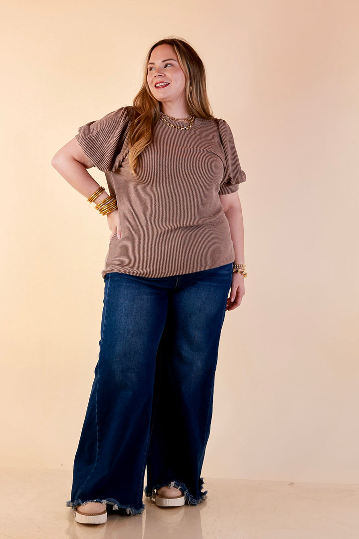 Sweet Sophistication Puff Short Sleeve Ribbed Top with Scoop Neck in Mocha Brown