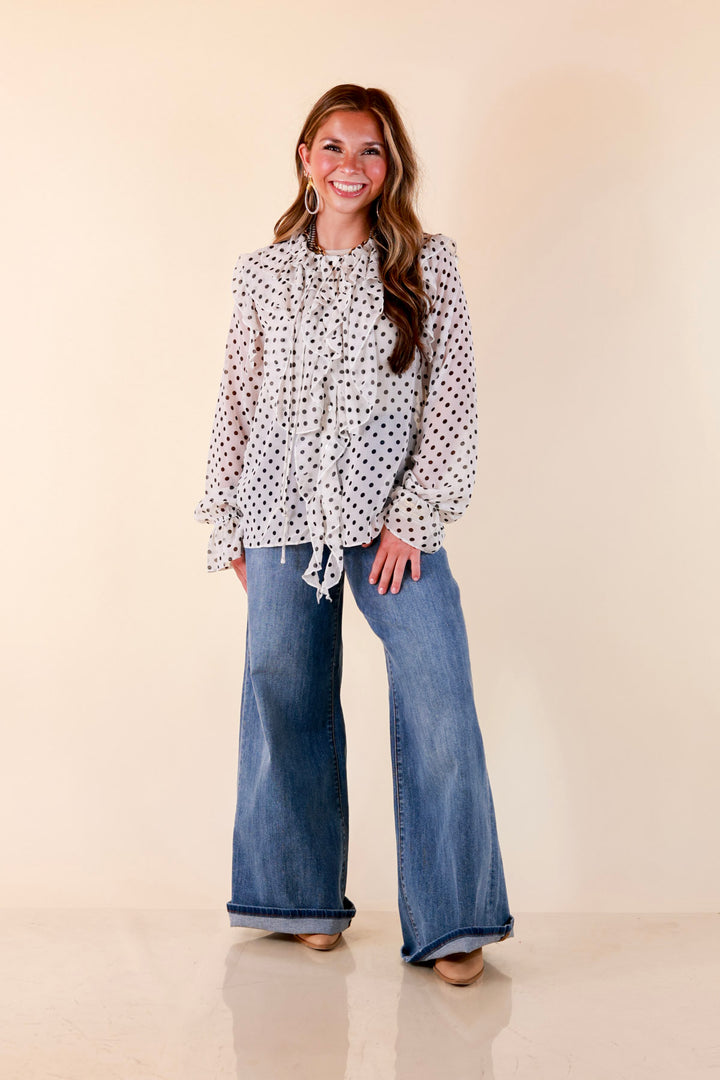 Finer Things Long Sleeve Sheer Ruffle Polka Dot Print Blouse with Balloon Sleeves in White with Black Dots
