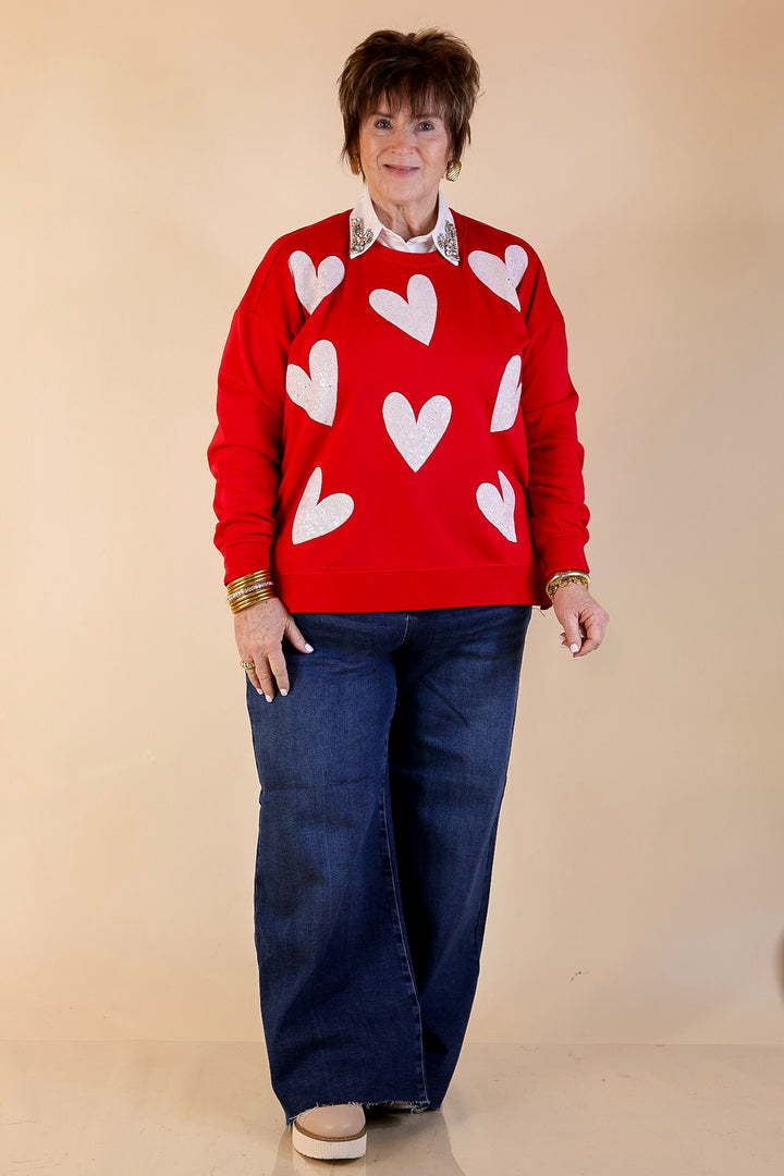 Mud Pie | Heart on My Sleeve Oversized Sequin Hearts Graphic Sweatshirt in Red