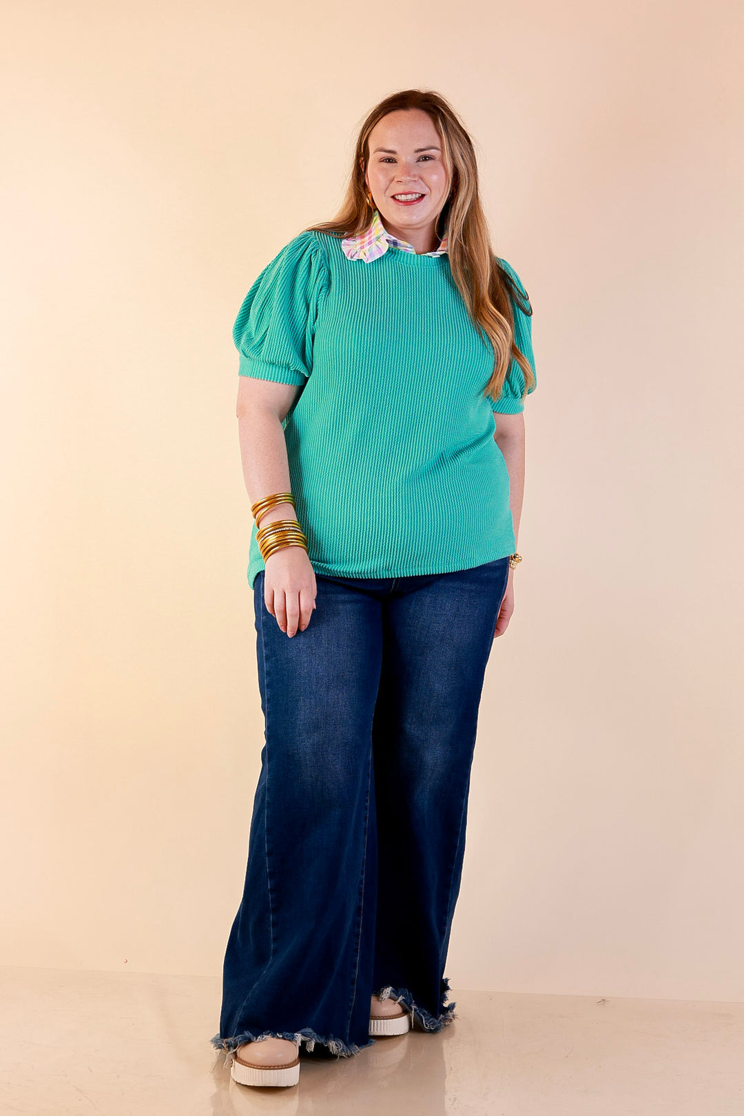 Sweet Sophistication Puff Short Sleeve Ribbed Top with Scoop Neck in Turquoise Blue