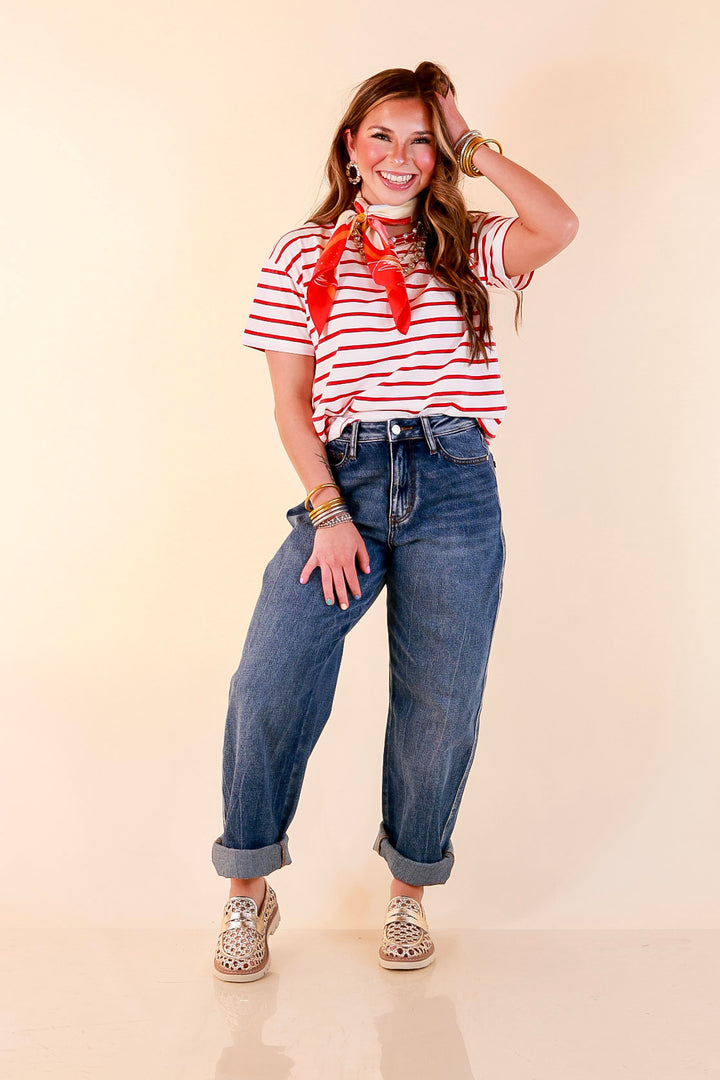 The Daily Stripe Scoop Neck Short Sleeve Striped Tee Top in Red
