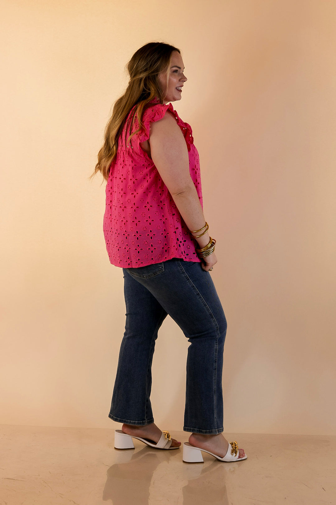 Mud Pie | Bloom with Joy Eyelet Ruffle Sleeve Top with Mock Neckline in Bright Pink