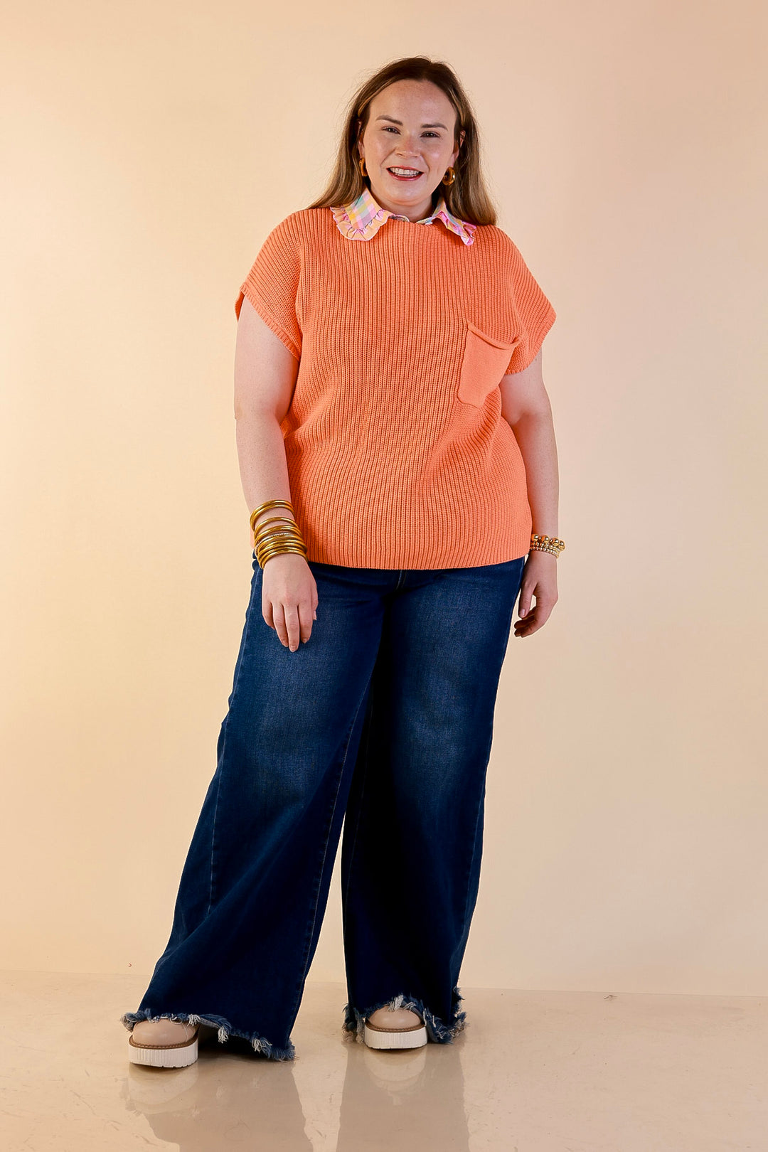 Repeat Ready Cap Sleeve Sweater with Front Pocket in Coral Orange