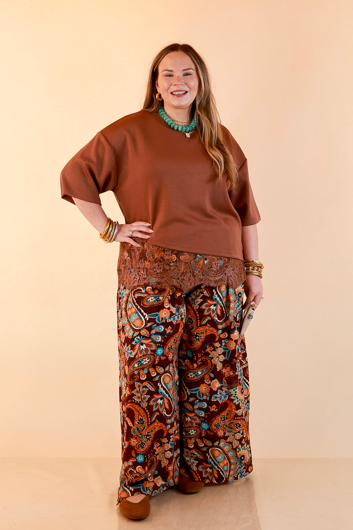 Laced with Charm Oversized Asymmetrical Lace Trim Boxy Top in Coco Brown