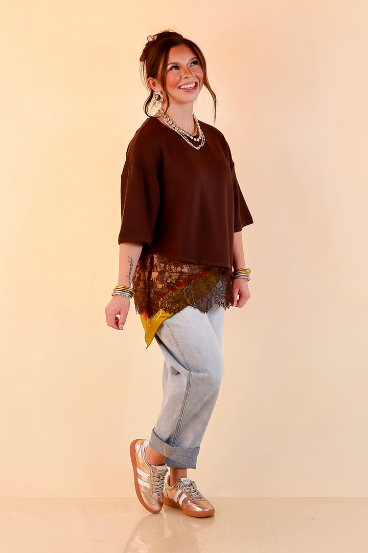 Laced with Charm Oversized Asymmetrical Lace Trim Boxy Top in Chocolate Brown