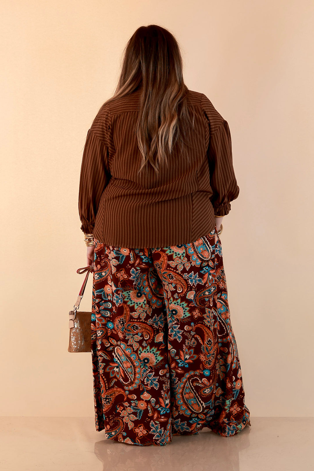 A Fine Line Smocked Ruffle Neck Long Sleeve Striped Button Front Blouse in Chocolate Brown