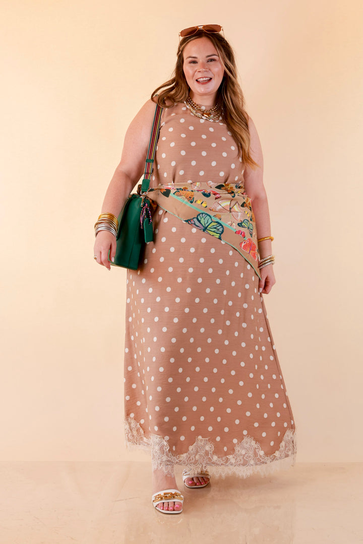 Sweet Little Something Polka Dot Sleeveless Maxi Dress with Lace Trim in Tan