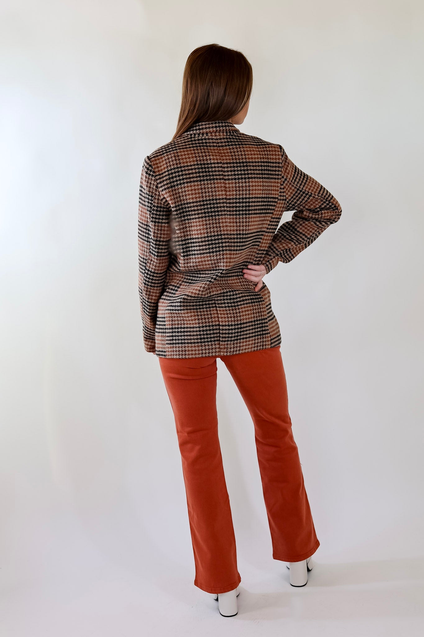 Magical Feeling Houndstooth Blazer with Long Sleeves in Rust Mix - Giddy Up Glamour Boutique