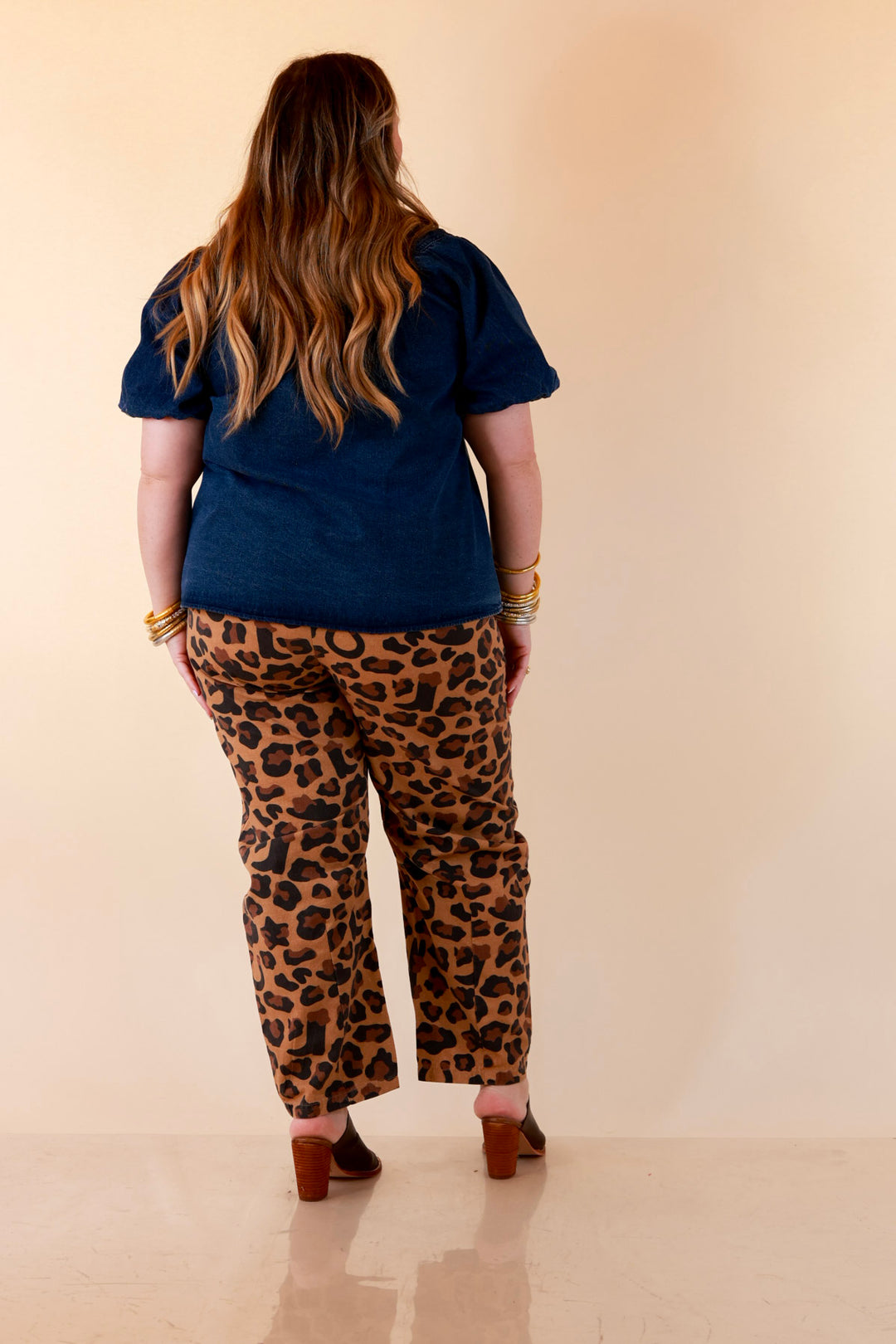 Modern Drama Leopard Print Wide Leg Barrel Jeans with Elastic Drawstring Waist in Camel Brown